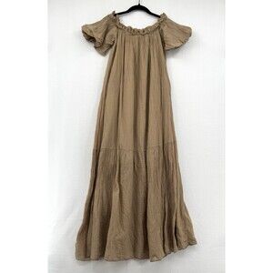 Italian Cotton Gauze Maxi Dress Boho Peasant Off Shoulder Tan Flowy Resort Sz OS